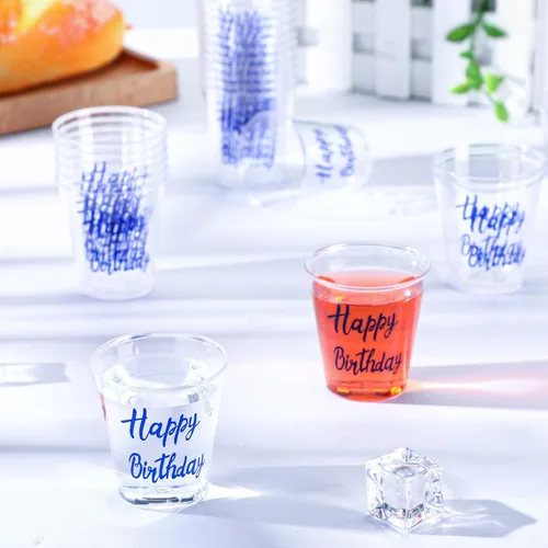 Vista 4 de Lallisa 100 vasos de chupito desechables de plástico de feliz cumpleaños, 2 onzas, vaso de chupito de cumpleaños, degustación de bebidas