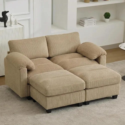 Vista 24 de Sofá modular de 61 pulgadas con otomana, asiento extra profundo para sala de estar, sofá de asiento profundo de pana con almohadas para Beige