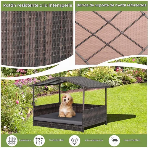 Vista 5 de Tangkula Casa de mimbre para perros, cama elevada de ratán para interiores y exteriores con cojín extraíble, funda lavable, techo impermeable