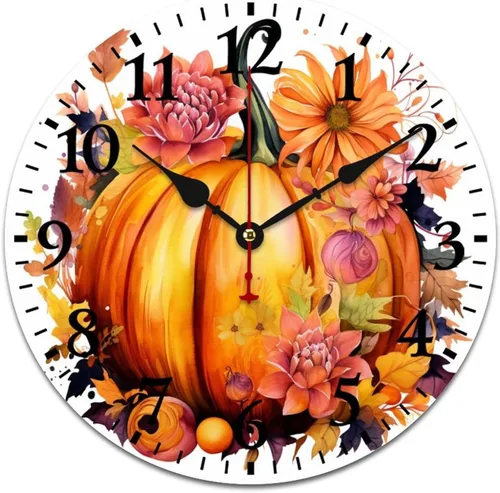 Vista 11 de Reloj de pared de madera Country Autumn Harvest Acuarela Calabaza Flores Redondo Reloj Decorativo de Calidad Cuarzo Sin Ticking Otoño Acción