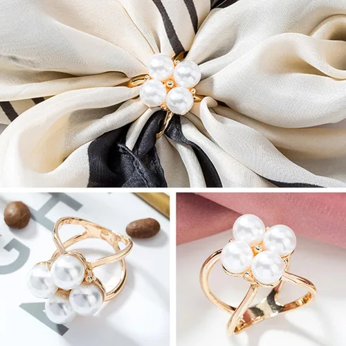 Vista 121 de 4 piezas de clip de anillo de bufanda para mujer, broche de perlas y flores, hebilla de metal para chal, accesorios de decoración para damas y niñas