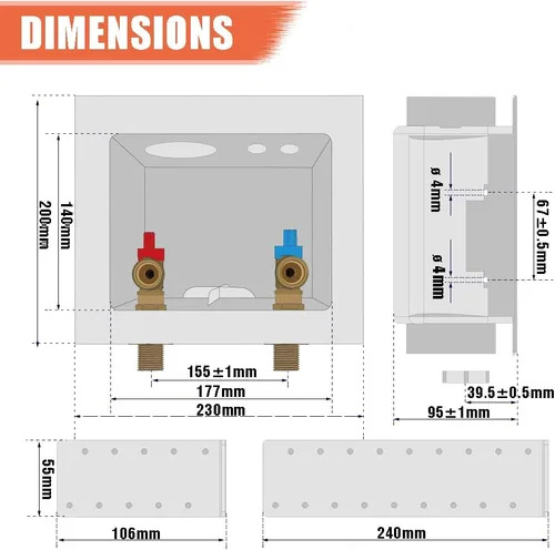 Vista 3 de TTFLEX - Caja de salida para lavadora 1/2" MIP/Sweat x 3/4" MHT, válvula de giro de 1/4 Washing Machine Valve Box, Lead-Free Brass Valves, CUPC