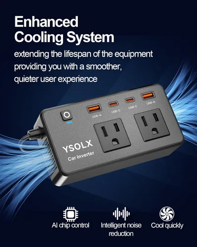 Vista 4 de Inversor de Corriente para Automóvil de 300W - YSOLX Adaptador Dual de Salida de Automóvil DC 12V a AC 110V a Enchufe de Pared, Carga Rápida USB-C