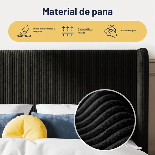 Vista 4 de Allewie Marco de cama tamaño completo con cabecera tapizada tipo wingback, cama plataforma de terciopelo de pana con capitoné de canales verticales
