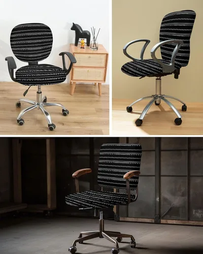 Vista 6 de Funda para silla de oficina, estilo bohemio, color blanco y negro, elástica, universal, para silla de computadora, diseño de rayas geométricas