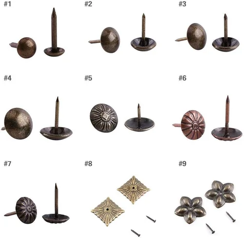 Vista 6 de Hilitand 100 tachuelas de tapicería, alfileres de clavos para muebles, sofá, remaches, tapicería, tachuelas para manualidades, latón antiguo