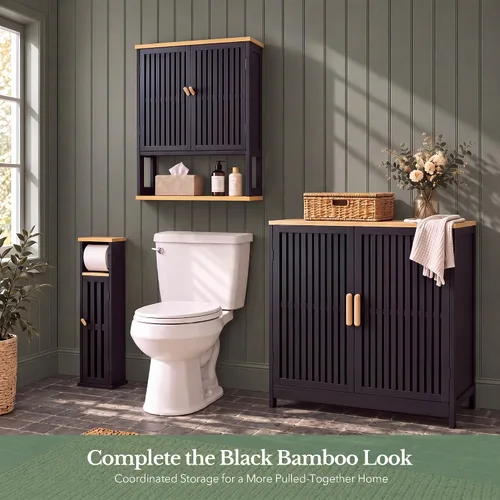 Vista 5 de Mueble de pared para baño, 24 "x 30", puertas de listones de bambú Negro-1