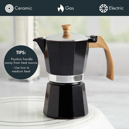 Vista 5 de Primula Cafetera espresso de aluminio para estufa, cafetera percoladora para moka, café cubano, capuchino, café con leche y más, perfecta para Negro