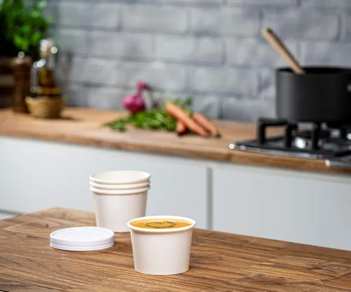 Vista 3 de GUSTO Recipientes de papel blanco de 8 onzas con tapas ventiladas [25 unidades] Tazones de sopa To Go, tazas de helado desechables, ideales