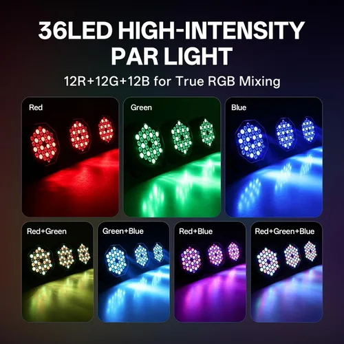 Vista 3 de U`King - Luces LED Par para DJ, luz de escenario con cable, RGB, 36 LED con control activado por sonido, iluminación de escenario para DJ, para 2