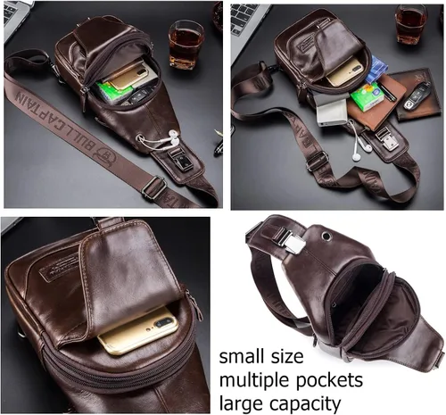 Vista 6 de BULLCAPTAIN Bolso bandolera de cuero genuino con múltiples bolsillos para hombre, bolso cruzado de viaje, mochila de hombro pequeña casual