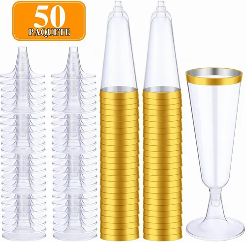 Vista 3 de Thenshop - 50 copas de champán de plástico desechables, color dorado, transparente