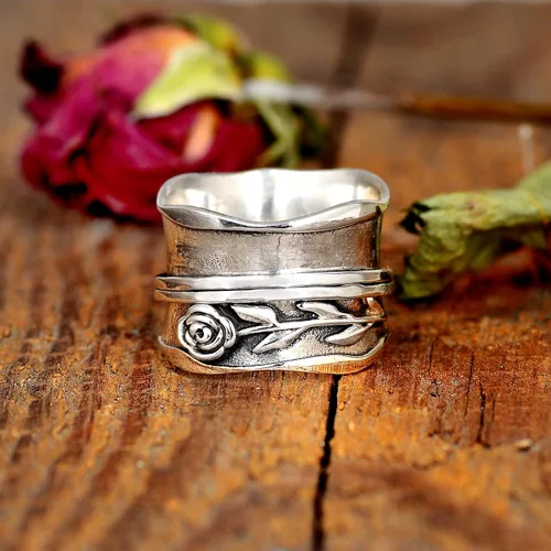 Vista 3 de Boho-Magic Anillo giratorio de plata de ley 925 para mujer, diseño de flor rosa, alivio de la ansiedad, banda ancha