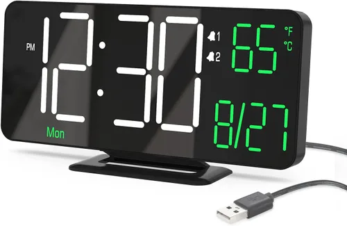 Vista 8 de KOSUMOSU Relojes despertadores para dormitorios, 6.7 pulgadas, pequeño reloj digital negro, LED, reloj despertador de escritorio con atenuación