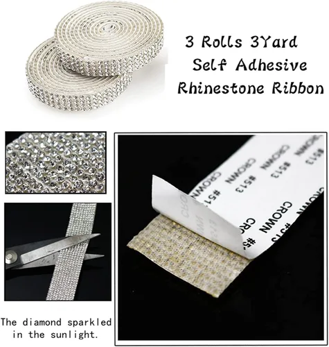 Vista 3 de 3 rollos de calcomanías autoadhesivas de diamantes de imitación de cristal, tiras de diamantes de imitación con cinta de diamante brillante