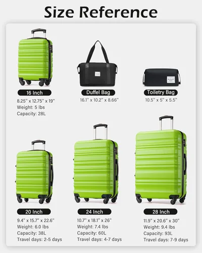 Vista 6 de LONG VACATION Juego de equipaje de 4 piezas de ABS hardshell TSA Lock Spinner Ruedas equipaje de mano en maleta, Manzana Verde (Apple Green), Juego