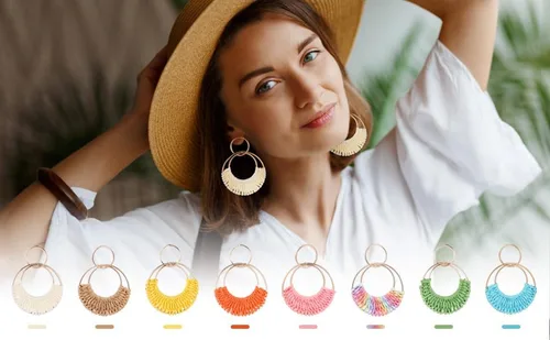 Vista 4 de Aretes colgantes de rafia de verano bohemios para mujer, estilo bohemio, rafia, trenzados, de paja de mimbre, redondos, ligeros, para fiesta