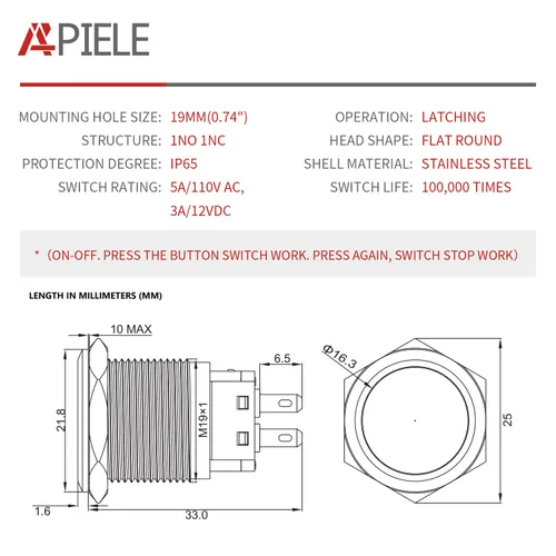 Vista 2 de APIELE - Interruptor de botón con pestillo de 0.748 in, impermeable, acero inoxidable, parte superior plana de 12 V, 24 V, 36 CC 110 V, 250 V, CA