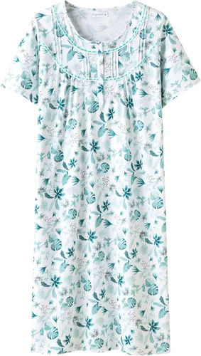 Vista 10 de Keyocean - Camisones para mujer, 100% algodón, suave, cómodo, ligero, manga corta, vestido de noche para damas Azul Floral en Crema