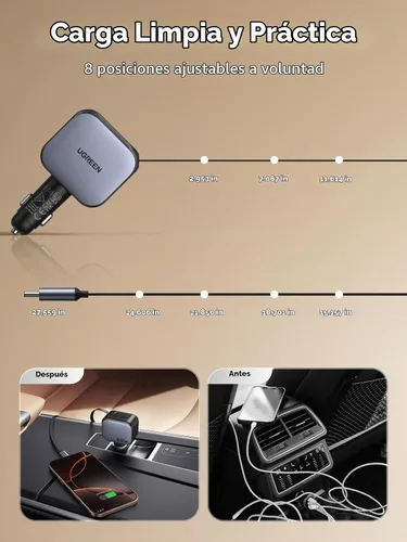 Vista 6 de UGREEN Cargador de coche 2C1A de 60 W con cable retráctil, cargador rápido de 3 puertos con 30 W PD USB-C, USB-A, adaptador de encendedor