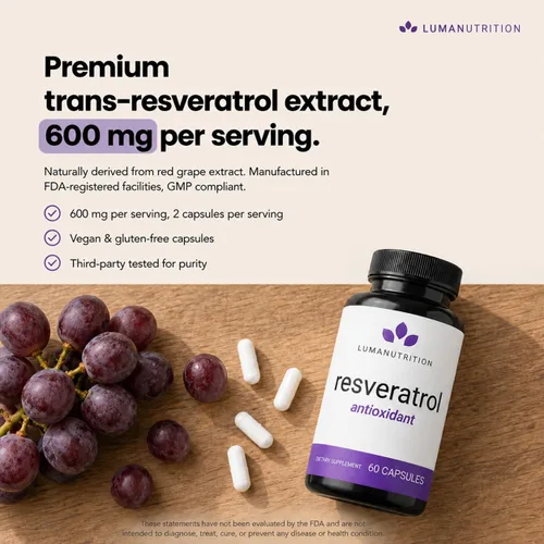 Vista 3 de Luma Nutrition Suplemento de Resveratrol de Alta Pureza - 98% Trans-Resveratrol - Antioxidante - Cápsulas de Resveratrol - Vegano y Sin Gluten - 60