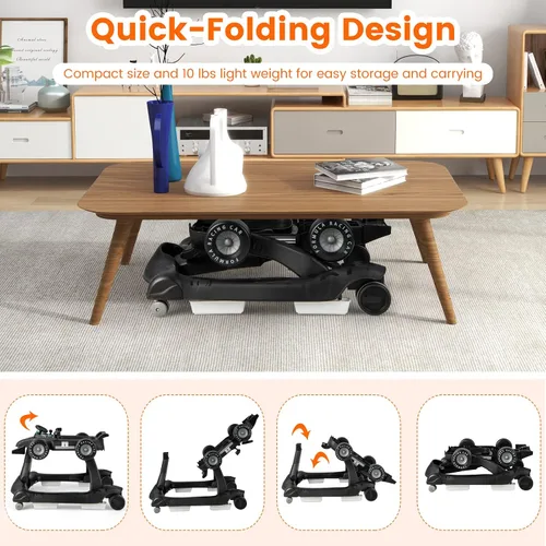 Vista 4 de HONEY JOY Andador de bebé 4 en 1, caminador de actividad con 3 alturas ajustables, ruedas suaves con velocidad ajustable, asiento acolchado, música