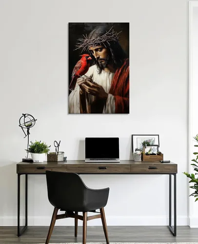 Vista 4 de Arte de pared de Jesús y cardenal, decoración de Cristo, cuadro enmarcado de Dios, pintura cristiana, inspiración religiosa, impresiones en lienzo