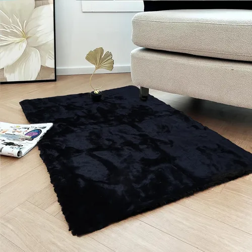Vista 2 de Latepis Alfombra Pequeña Negra Esponjosa 2x3 pies Manta de Piel Sintética de Conejo Alfombra Suave Lavable Alfombras Peludas Shag para Dormitorio