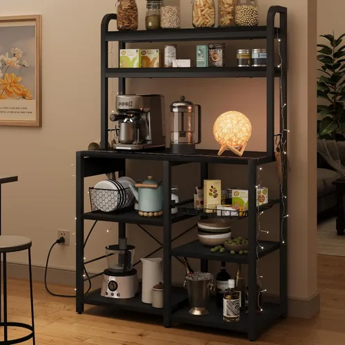 Vista 4 de Amyove Estante para panaderos con toma de corriente, barra de café con cajón de alambre, soporte para microondas, mesa de cocina con gran Negro