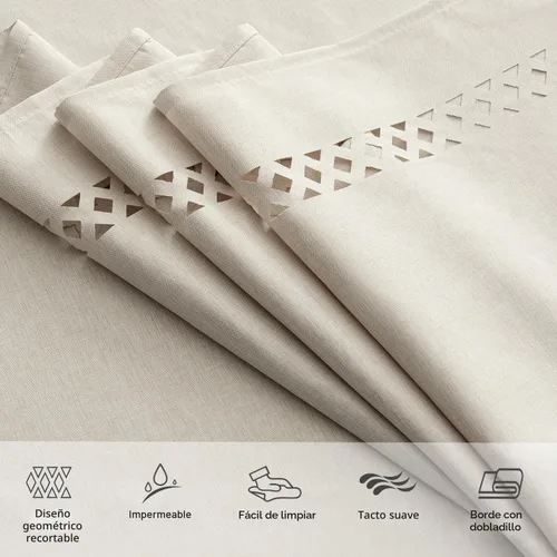 Vista 4 de MIULEE Mantel redondo de poliéster de lino beige con recortes decorativos, impermeable, resistente a las manchas y al encogimiento, 60 x 60