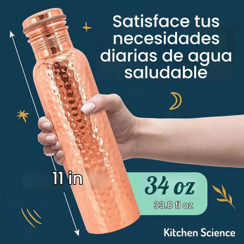 Vista 9 de Kitchen Science - Botella de agua de cobre con vaso y fundas de cuero negro, 34 onzas, a prueba de fugas, probada en laboratorio