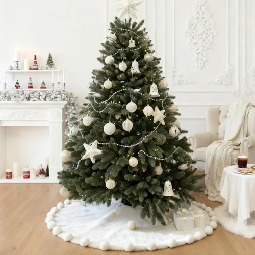 Vista 2 de ORTIGIA Falda blanca para árbol de Navidad de 48 pulgadas con POM POM, falda de árbol de Navidad de felpa suave de piel sintética blanca para árbol