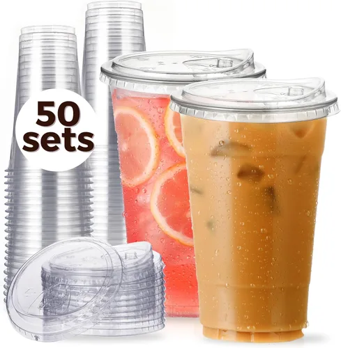 Vista 8 de Vasos de plástico transparente de 9 onzas con tapas para sorber sin pajita, 50 juegos de vasos desechables de plástico para café helado, vasos