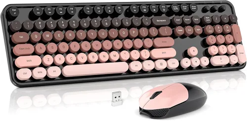 Vista 27 de MOWUX Combo de teclado y mouse inalámbricos, máquina de escribir de tamaño completo, teclado de computadora redondo retro, lindo mouse óptico, 2.4G