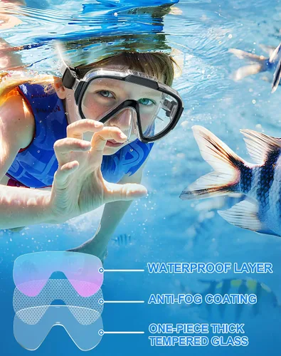 Vista 5 de Gafas de natación para adultos y niños, gafas de natación antivaho con cubierta para la nariz, sin fugas, máscara de buceo de esnórquel transparente