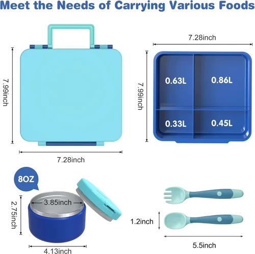 Vista 4 de Pawtong Caja Bento para Almuerzo con Termo para Sopa de 8oz, Contenedores de Comida para Almuerzo para Niños a Prueba de Fugas con 4 Compartimentos