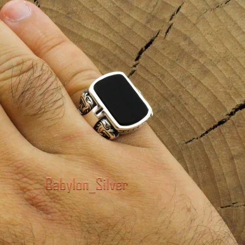 Vista 3 de Anillo de lujo pesado de plata de ley 925 con piedra de ónice turca hecha a mano con diseño de águila, Piedra, ónix