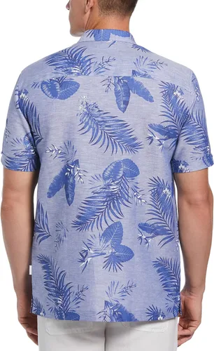 Vista 2 de Cubavera Camisa abotonada de manga corta con estampado tropical de mezcla de lino para hombre