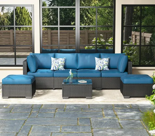 Vista 14 de AECOJOY Juego de muebles de patio al aire libre de 7 piezas, sillas seccionales de conversación al aire libre con mesa auxiliar, patio seccional