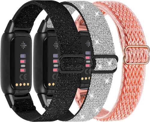 Vista 7 de Paquete de 3 bandas elásticas ajustables y correas de silicona de encaje compatibles con Fitbit Luxe, correas deportivas elásticas de nailon