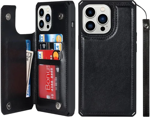 Vista 13 de iCoverCase Funda de billetera compatible con iPhone 13 Pro Max con tarjetero para mujer, cuero PU en relieve con bloqueo RFID y correa de muñeca