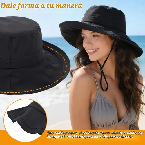Vista 4 de Sombrero de ala ancha impermeable UPF 50+ para mujer con agujero para cola Negro