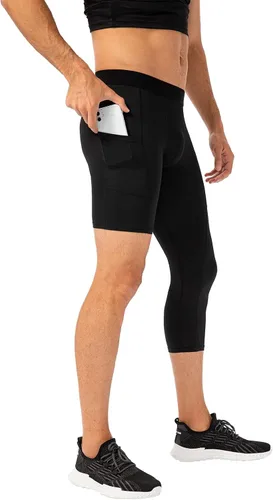 Vista 9 de Pantalones de compresión de 3/4 de una pierna para hombre, mallas de baloncesto atléticas para correr, leggings deportivos de capa base capri