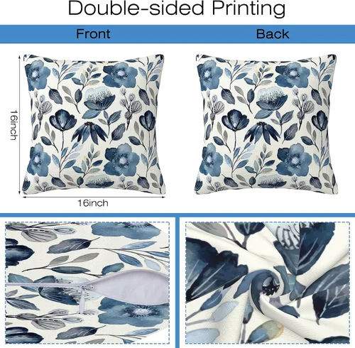 Vista 2 de Fundas de almohada Naqiuli azules florales de 16x16 pulgadas, juego de 2 fundas de almohada decorativas, fundas de cojín para dormitorio, sala