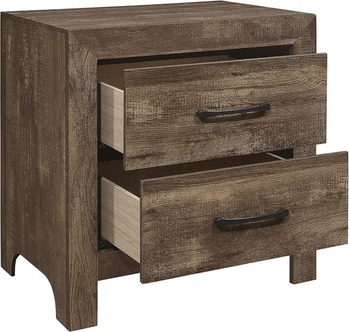 Vista 4 de NewCosmos Mesita de noche de cajones con acabado marrón rústico de aspecto simple, muebles de dormitorio de metal negro