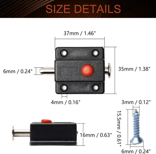 Vista 2 de MroMax Pestillo de perno de puerta con resorte, cierre deslizante de plástico ABS negro con botón de interruptor para puerta, gabinete, accesorios