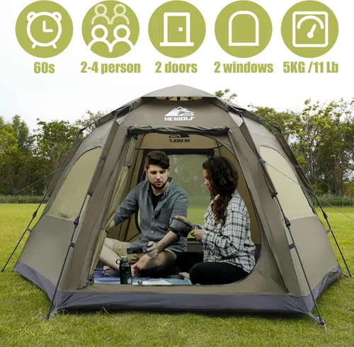 Vista 6 de Hewolf Tiendas de campaña para 3-4 personas para camping, tienda instantánea impermeable fácil de desplegar que se instala en 60 segundos