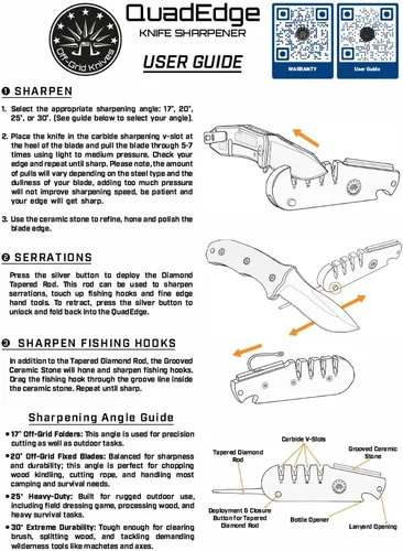 Vista 4 de Off-Grid Knives - Afilador de cuchillos QuadEdge con 4 ángulos: 17° 20° 25° 30°, caña de diamante, afilador de anzuelos de pesca, piedra