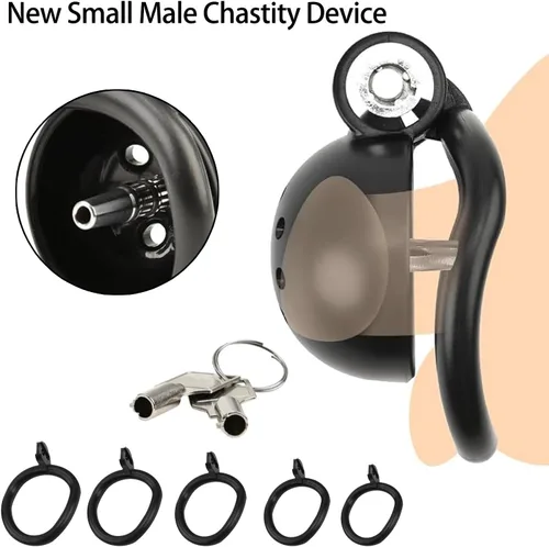 Vista 3 de Jaula de castidad masculina con cierre a presión con 5 anillos y dilatador uretral de metal, jaula plana de castidad, catéter uretral, dispositivos