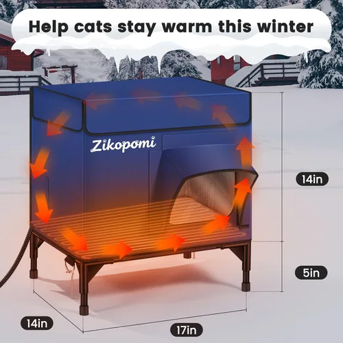 Vista 3 de Zikopomi Casa climatizada para gatos para exteriores con base elevada, casa para gatos al aire libre con 2 puertas de escape seguras, diseño